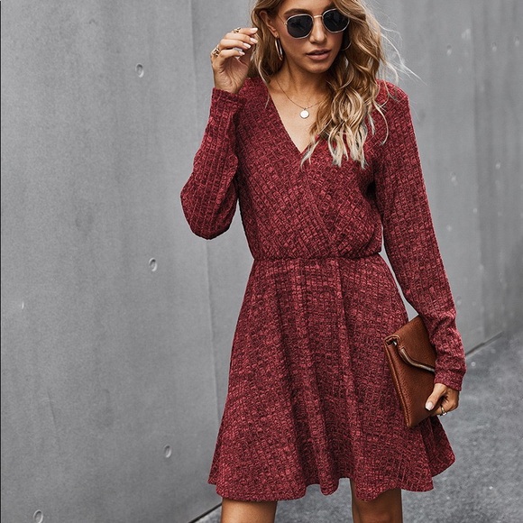 🍁🆕V Neck Long Sleeve Fall Dress Wine - Picture 2 of 7